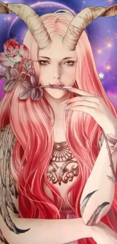 Pink-haired horned goddess in celestial fantasy artwork.