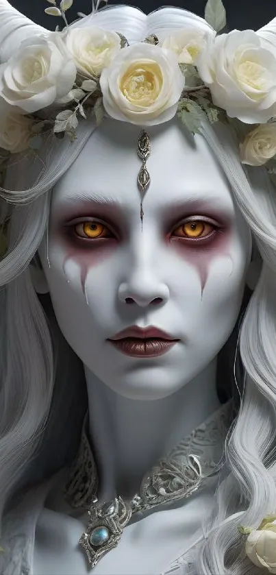 Ethereal fantasy portrait with floral crown and mystical eyes.