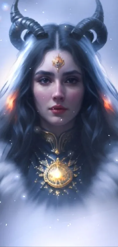 Fantasy illustration of a woman with horns and celestial adornments.