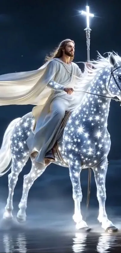 Mystical figure riding a starry horse with a cross.