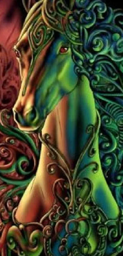 Colorful mystical horse art wallpaper with intricate designs.