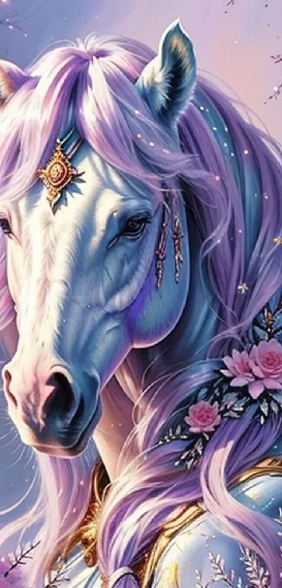 A mystical white horse with lavender mane surrounded by cherry blossoms.