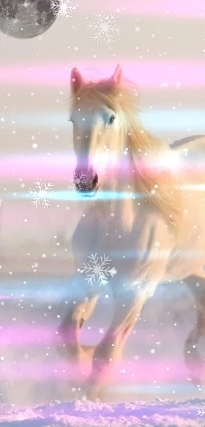 A mystical white horse in pink hues with snowflakes in a fantasy scene.