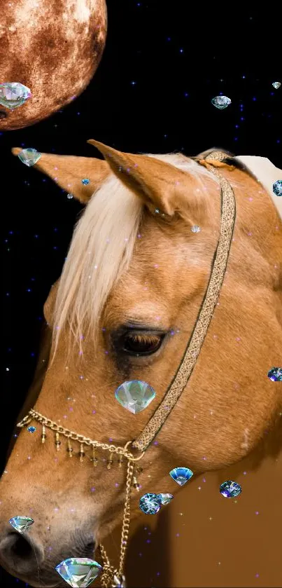 Horse with diamonds and moon in cosmic background.