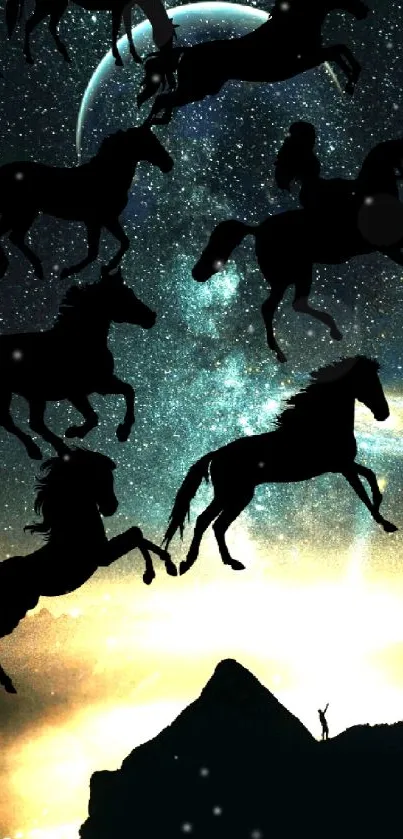 Galaxy-themed wallpaper with horse silhouettes and a starry background.