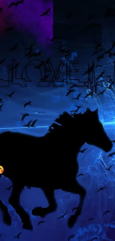 Mystical horse silhouette with birds and abstract blue design.