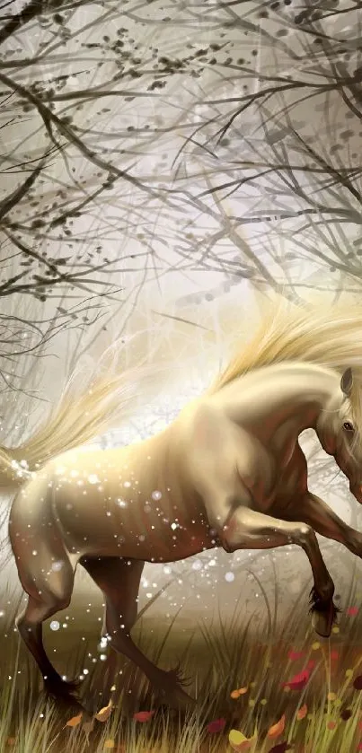 Mystical horse galloping in enchanted forest wallpaper.