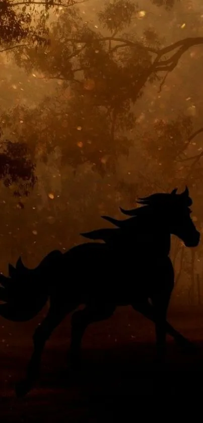 Horse silhouette in a mystical forest wallpaper.