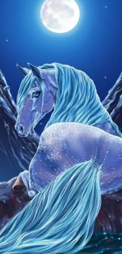 A mystical blue horse under a full moon, in a fantasy night scene.