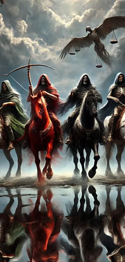 Four mystical horsemen ride through an ethereal cloudy landscape.