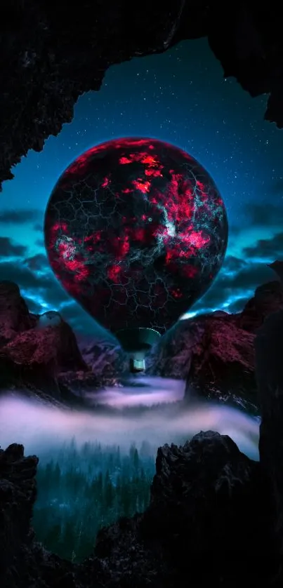 Mystical hot air balloon in starry night landscape.