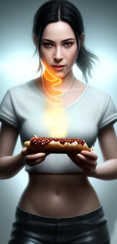 Woman with glowing hot dog and mystical aura artwork.