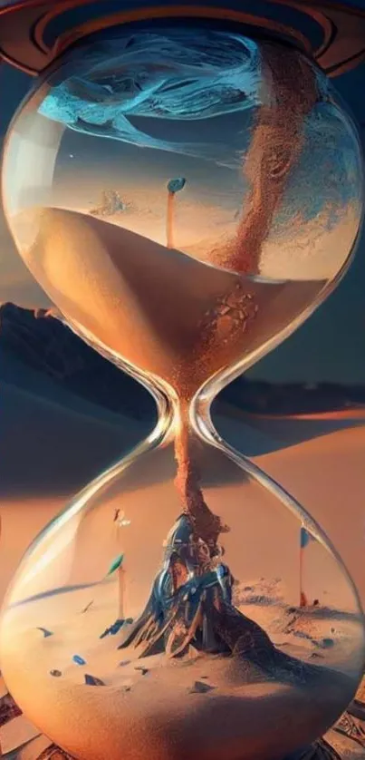 Mystical hourglass in desert art wallpaper with intricate details.