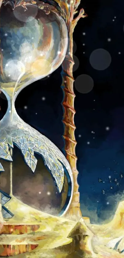 Artistic hourglass in a fantasy world with flowing sand and a dark blue backdrop.