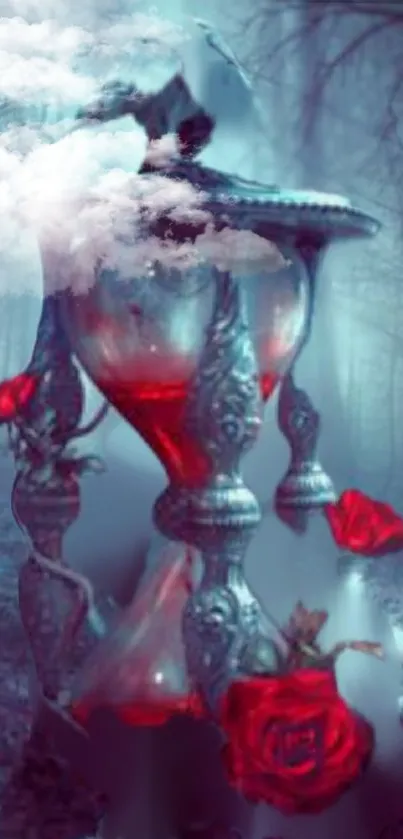 Mysterious hourglass in misty forest with red roses