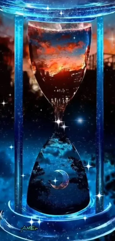 Mystical hourglass with cosmic sky and stars wallpaper.