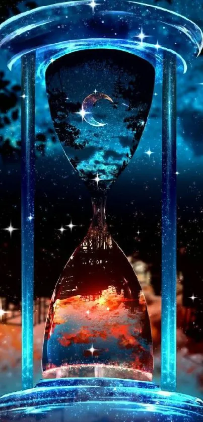 Mystical hourglass with neon blue glow and night sky backdrop.