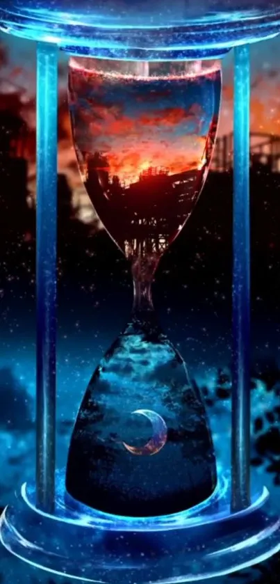 Mystical hourglass against a starry sky.