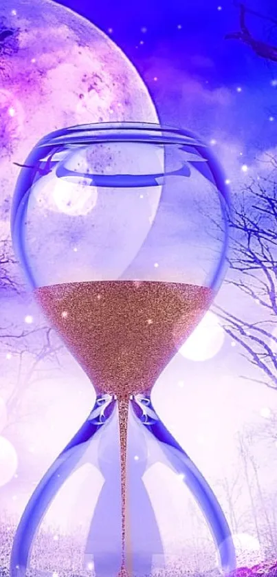 Mystical hourglass in moonlit purple sky.