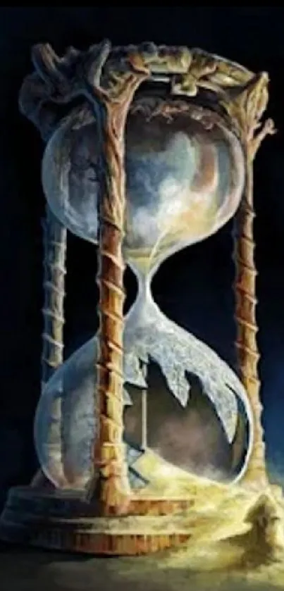 Fantasy-inspired hourglass with flowing sands on a dark blue background.