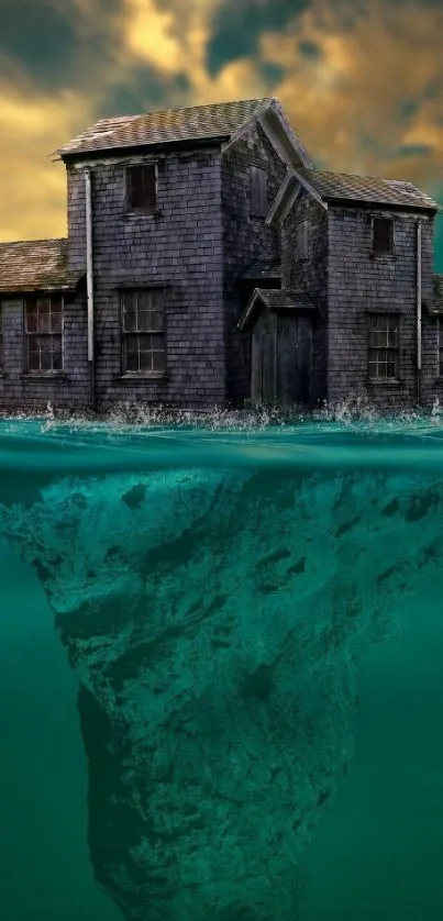 Mystical house half submerged in teal water with dramatic sky.