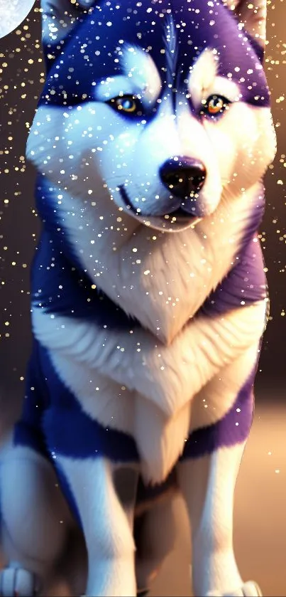 Mystical husky sits under a full moon in a snowy night scene.