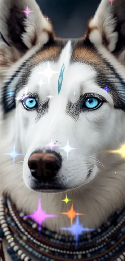 Husky with blue eyes and tribal jewelry in a mystical setting.