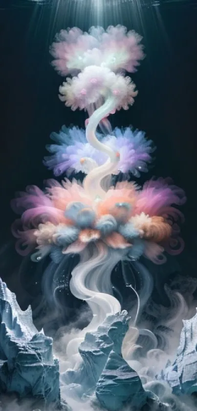 Abstract art with ethereal clouds and icy formations in mystical colors.