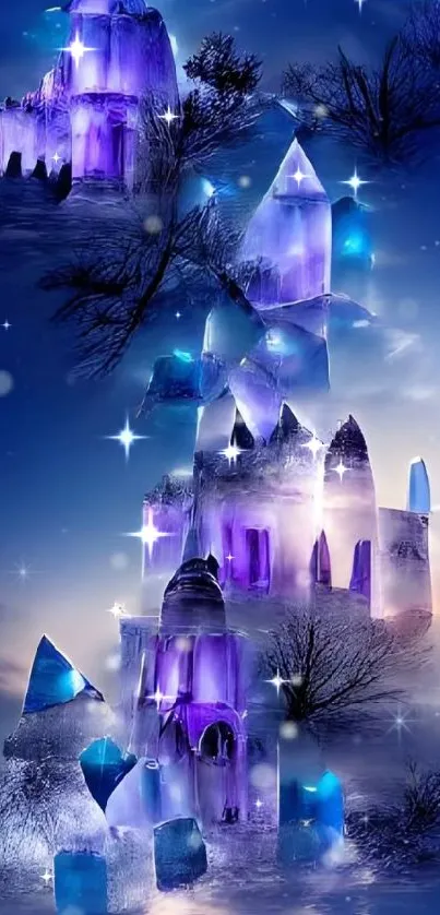 Mystical ice castle against a starry night sky with blue hues.