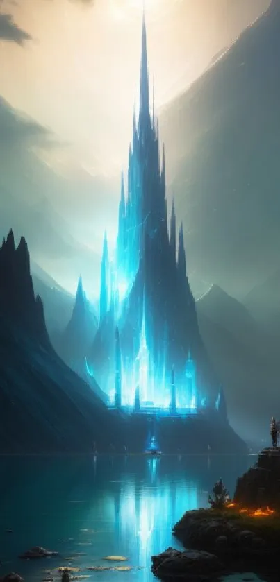 Mystical ice castle with glowing blue towers and dark mountains.