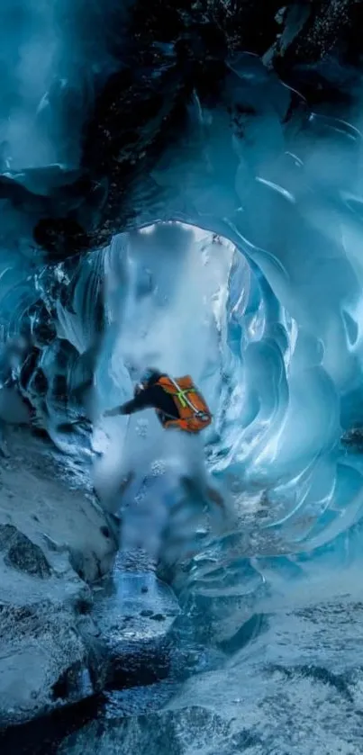 Ice cave with a lone adventurer, surrounded by vibrant blue hues.