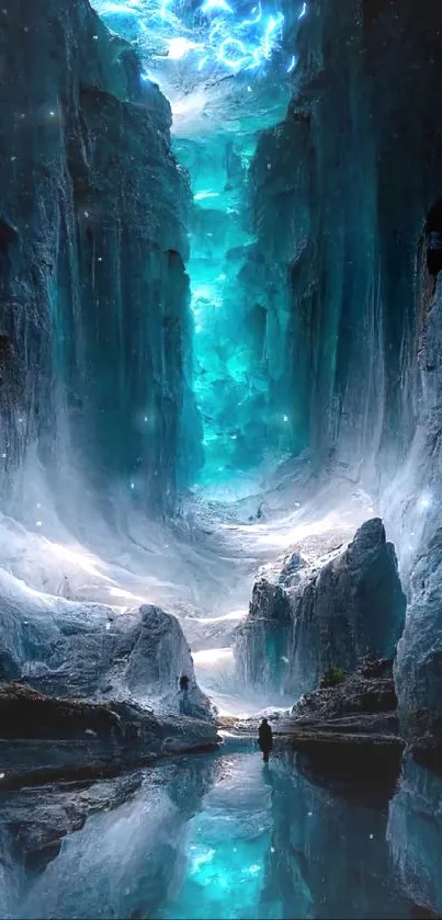 Mystical ice cave with ethereal blue glow and reflections.