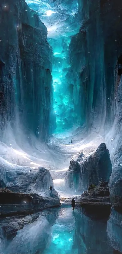 Enchanting ice cavern with teal glow and reflections.