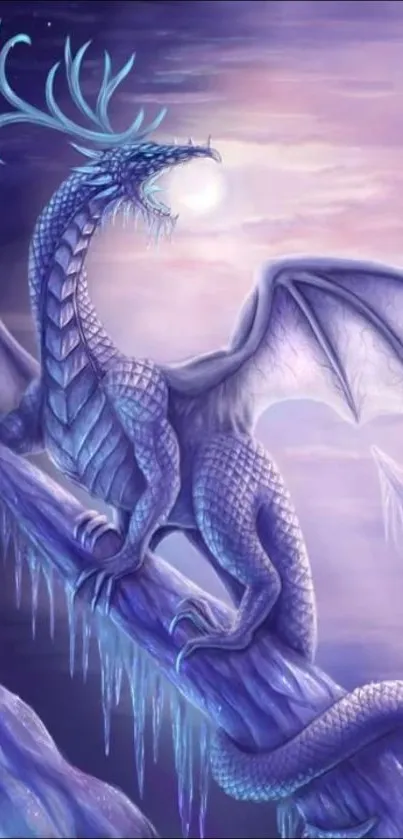 Mystical ice dragon perched amid a twilight background.