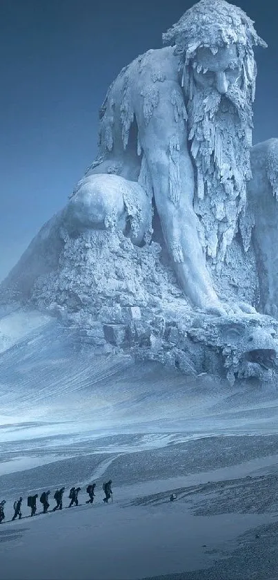 Colossal icy giant overlooking explorers in a vast, snowy landscape.