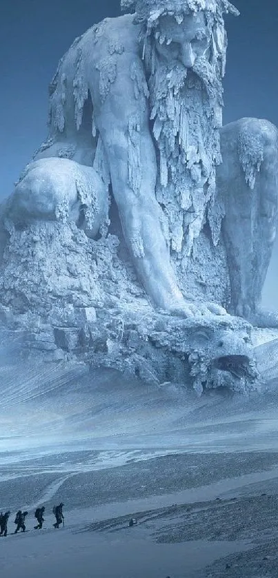 Colossal ice giant in a snowy landscape.