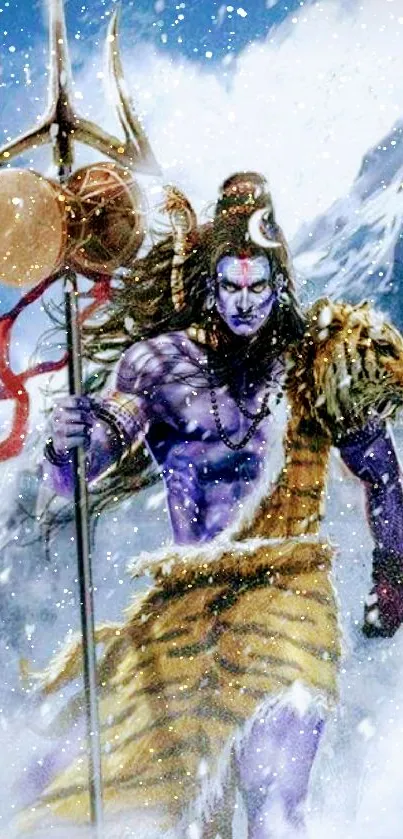 Purple-skinned god against snowy mountains and blue sky.