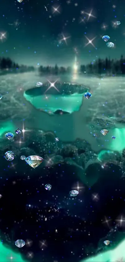 Glowing heart-shaped ice under a starry night on a frozen lake.
