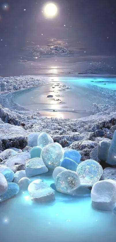 Magical blue ice under moonlight creates a serene and mystical landscape.