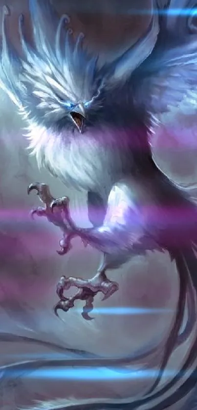 A mystical ice phoenix with blue feathers in flight.