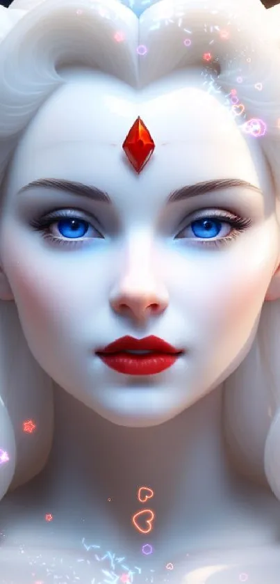 Fantasy ice queen with blue eyes and red gem on mobile wallpaper.