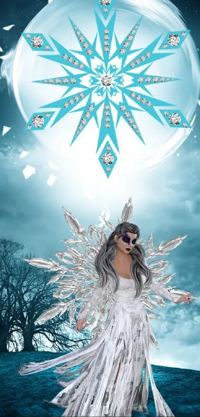 Mystical ice queen under celestial stars in a dreamy blue landscape.