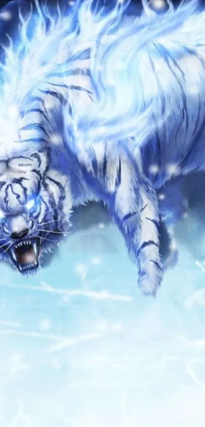 Mystical tiger glowing with icy blue energy in an ethereal scene.