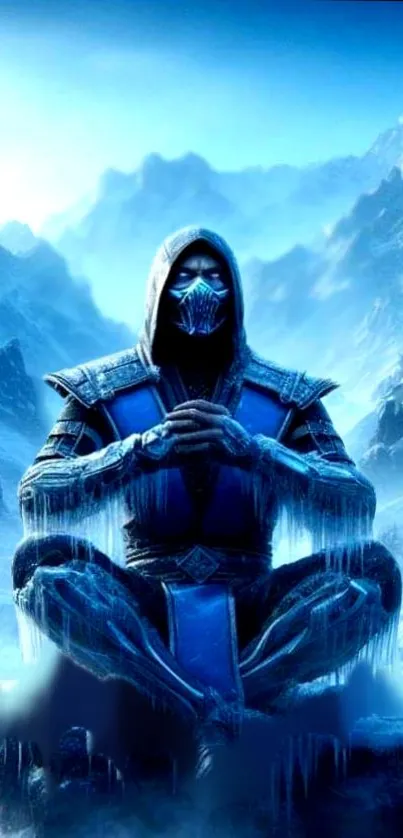 Mystical warrior meditates in icy mountains.