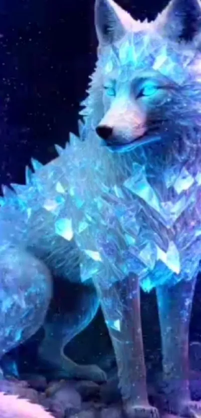 Mystical ice wolf with crystals and a cosmic background.