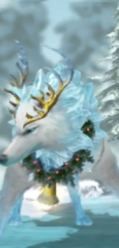 Mystical ice wolf with antlers in snowy forest.