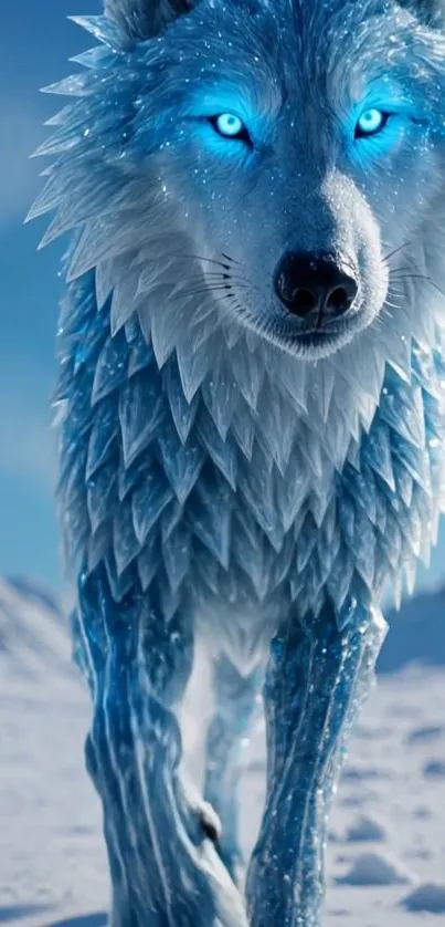Mystical ice wolf with glowing blue eyes in a snowy landscape.