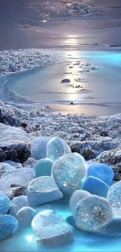 Icy landscape with blue glowing stones under a moonlit sky.