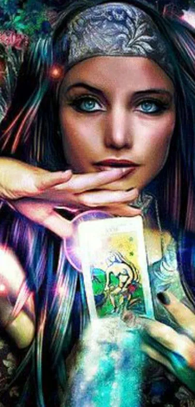 Mystical woman holding tarot card with colorful, magical background.