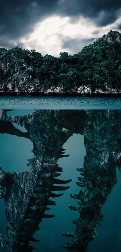 Mystical island with skull reflection over serene teal water.